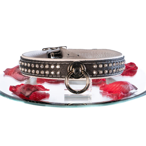 SiaLinda: Halsband echtes Elch Leder mit Strass weiss schwarz, gr. O-Ring, 20mm breit - SiaLinda.com